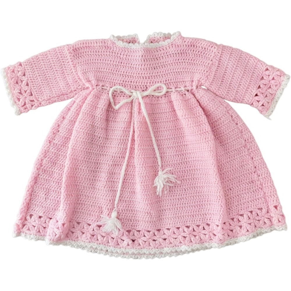 Vintage Handmade Crochet Dress 12-18M Pink White Trim Coquette Bow Pearl Button